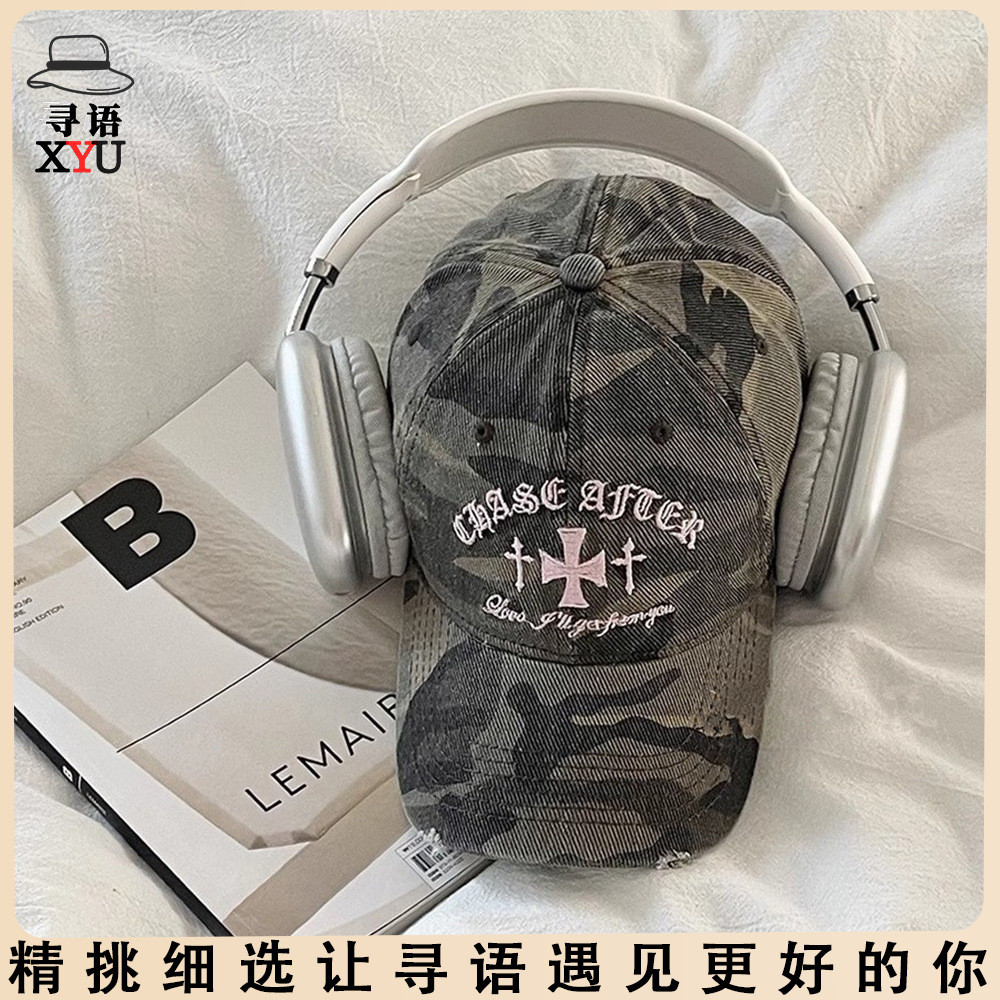 美式棒球帽复古做旧迷彩刺绣棒球帽潮牌软顶百搭女士显脸小鸭舌帽