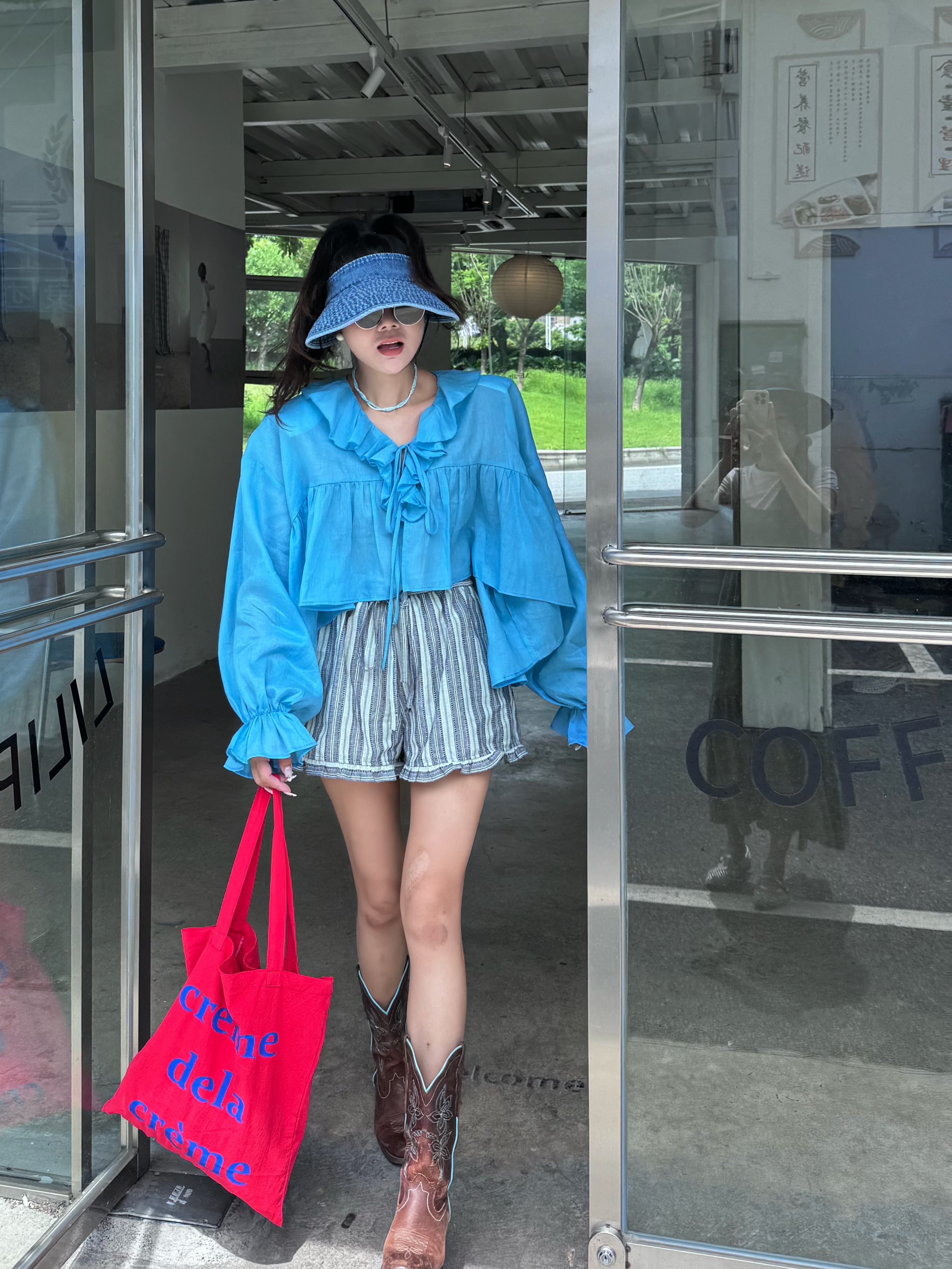 吉吉【夏日剪影】新款设计感条纹亚麻高腰显瘦木耳边短裤#2964-1