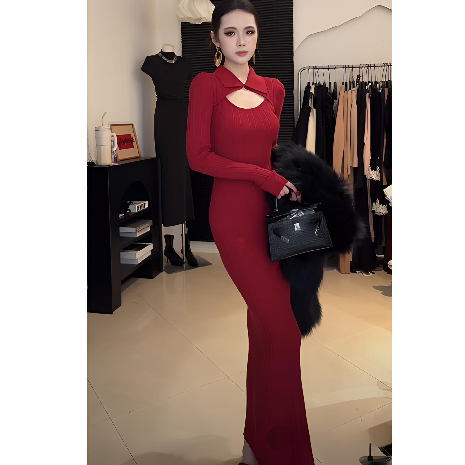 设计领肌理坑条设计抗起球针织裙31013