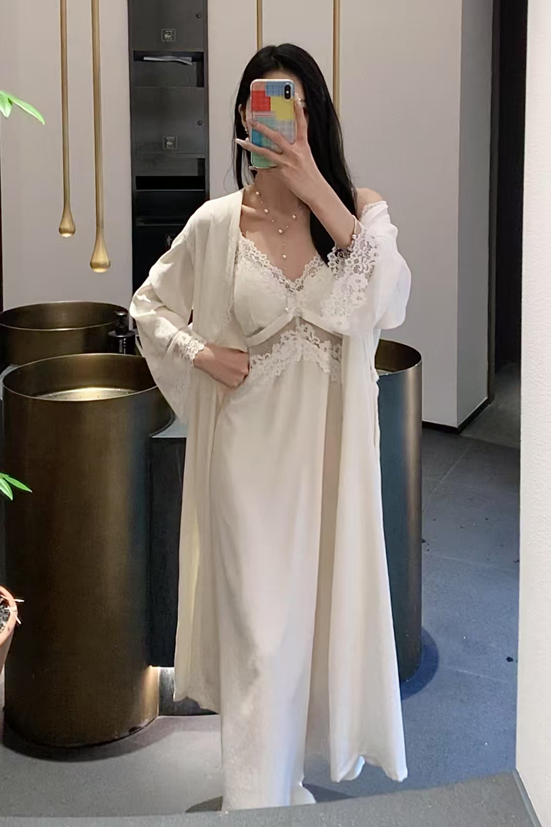 法式性感睡衣女夏款镂空蕾丝带胸垫吊带睡裙睡袍家居服冰丝夏季