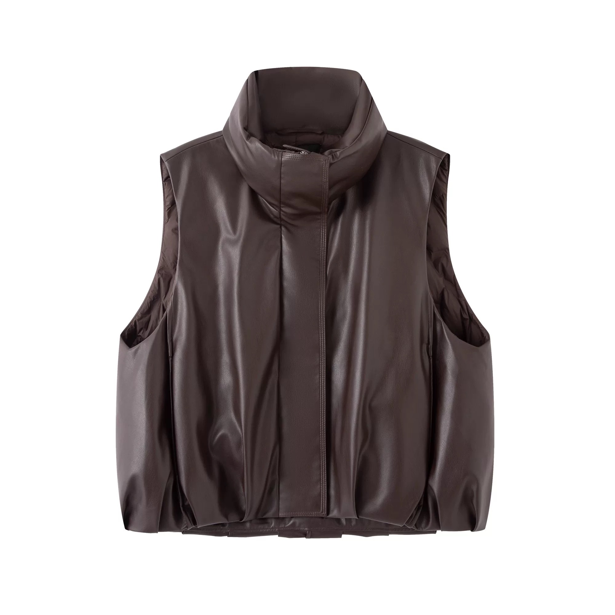 艾家商场同款2025冬装新款网红软PU短款无袖羽绒服马甲女004146