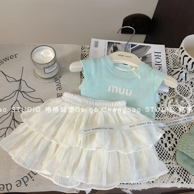 女童夏装飞袖背心套装2025新款韩版童装洋气宝宝蛋糕裙清新套装