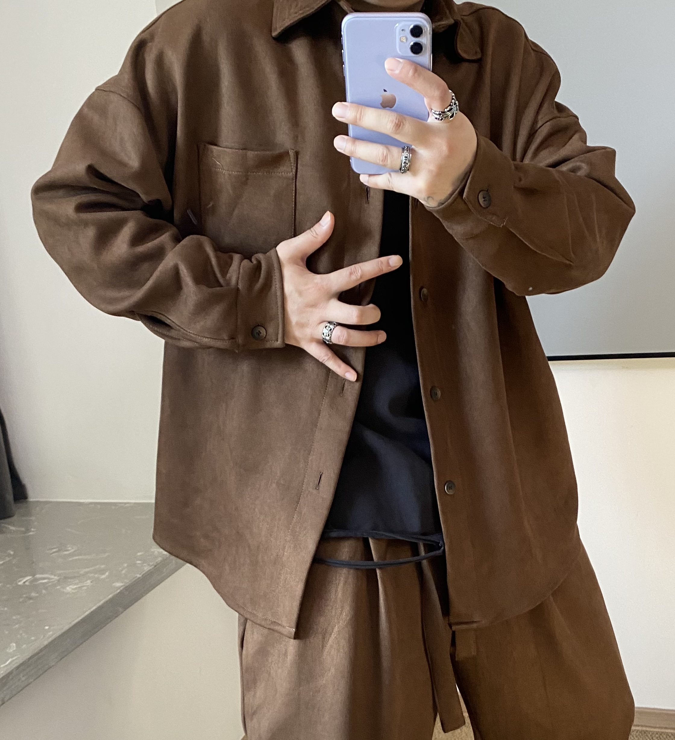 YZD【私订新品】潮流宽松纯色麂皮绒休闲阔版衬衫套装男y26