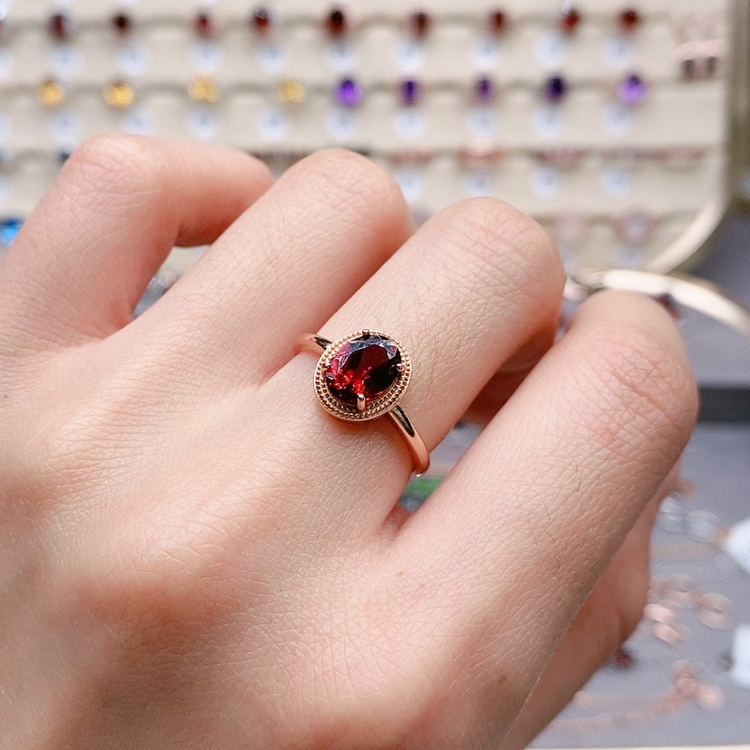 石榴石戒指银S925镶嵌戒指