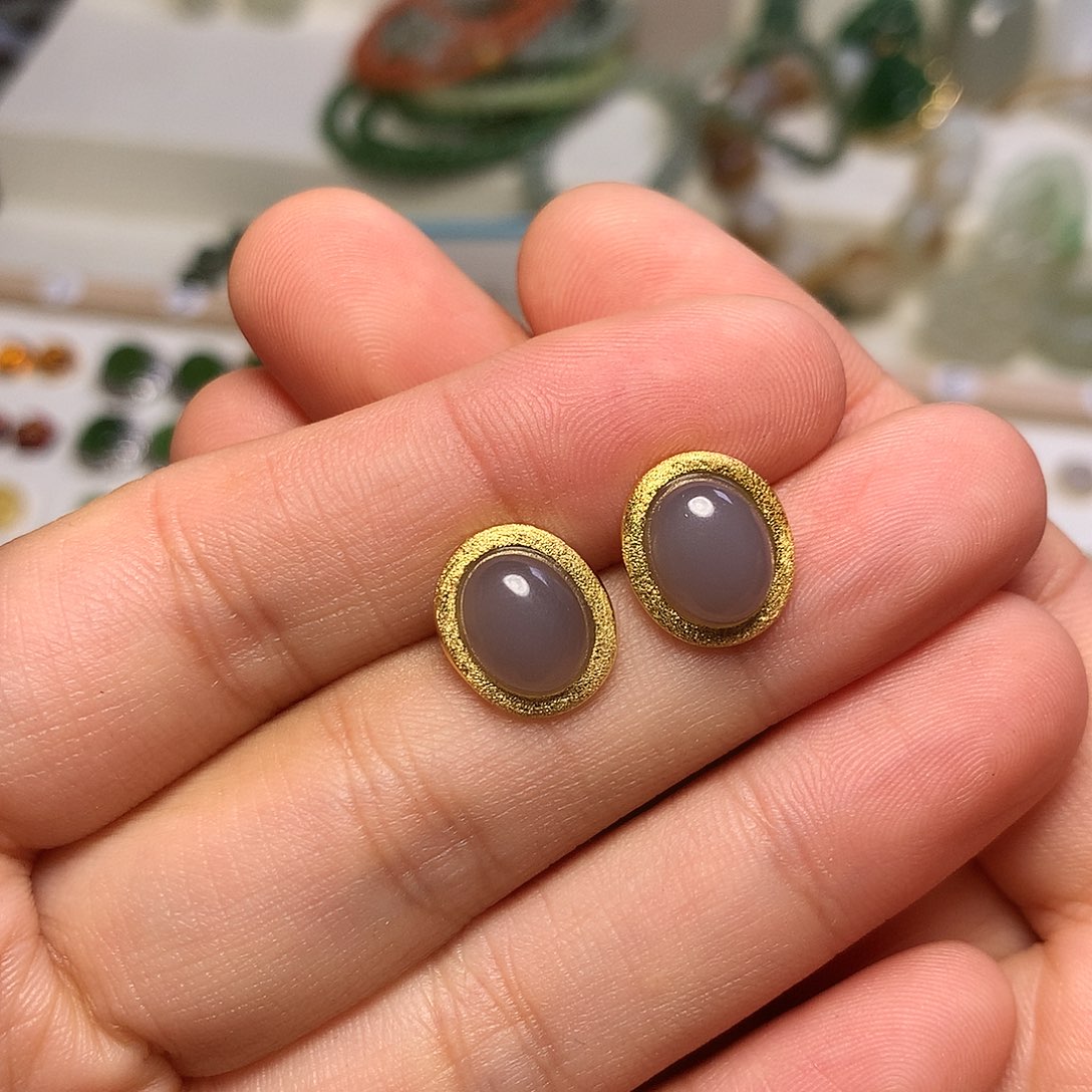 银S925镀金镶嵌和田玉（白玉）耳饰听*