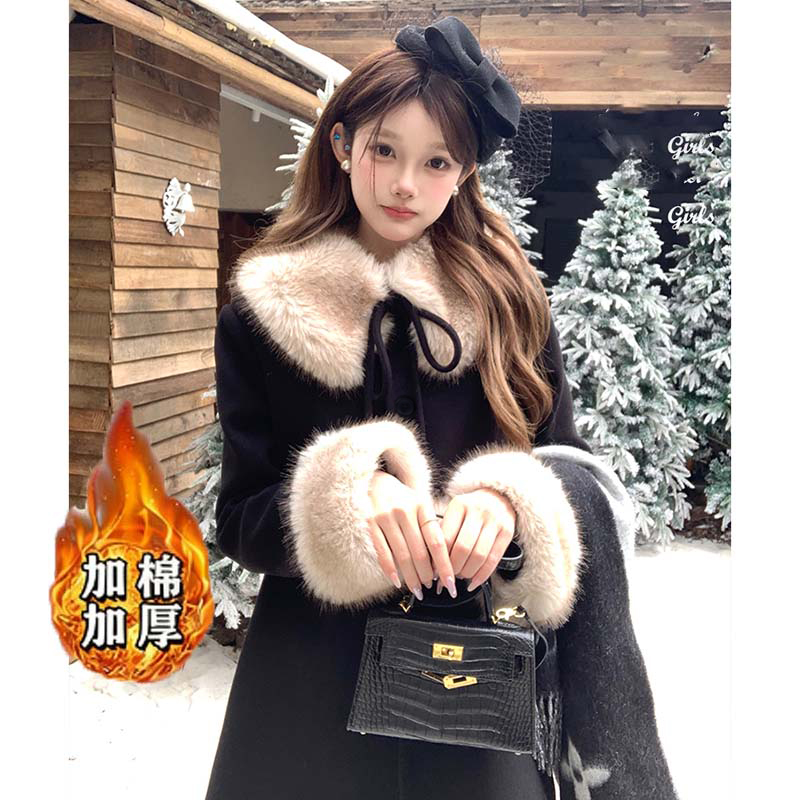 【V】【加棉加厚】黑色外套女秋冬季法式复古气质高级感大衣QY0172