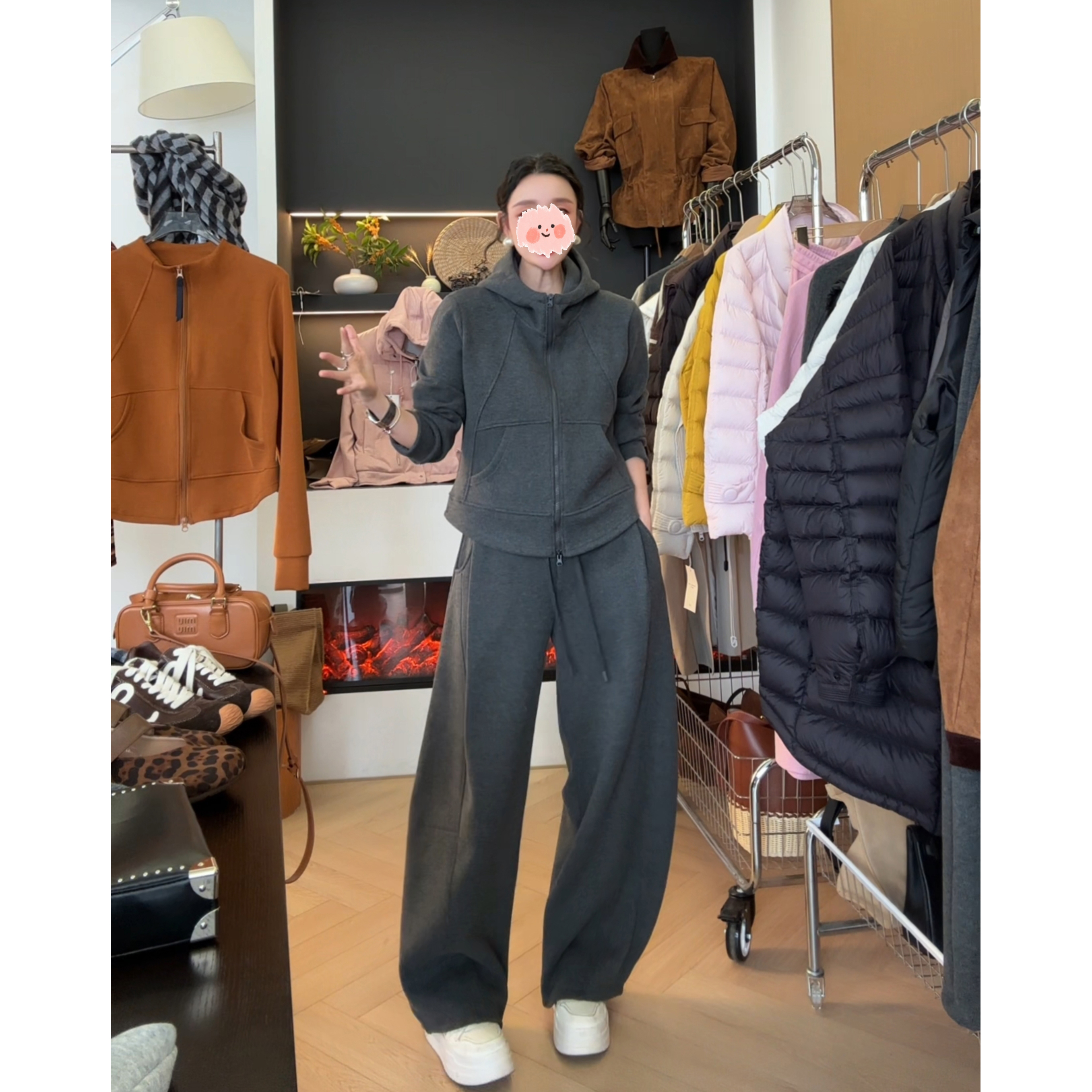 2025新款防风纳米德绒加绒加厚休闲风时尚套装开衫秋冬网红百搭