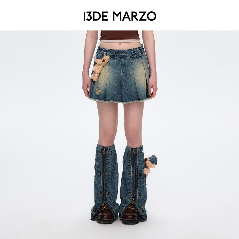 13DE MARZO女士 25早秋新款牛仔毛边百褶短裙显瘦时尚A字型半身裙