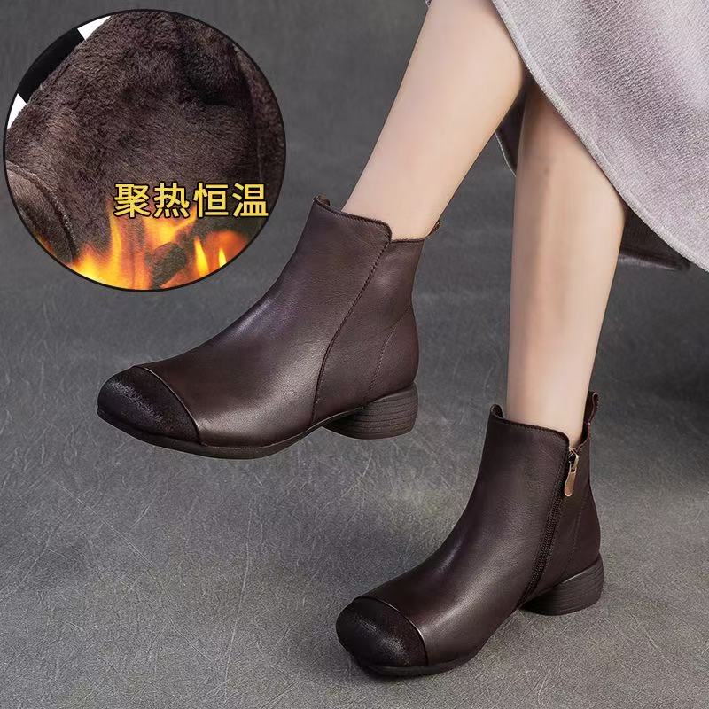 头层牛皮2025秋冬新款加绒保暖复古粗跟方头短靴通勤鞋软底妈妈鞋