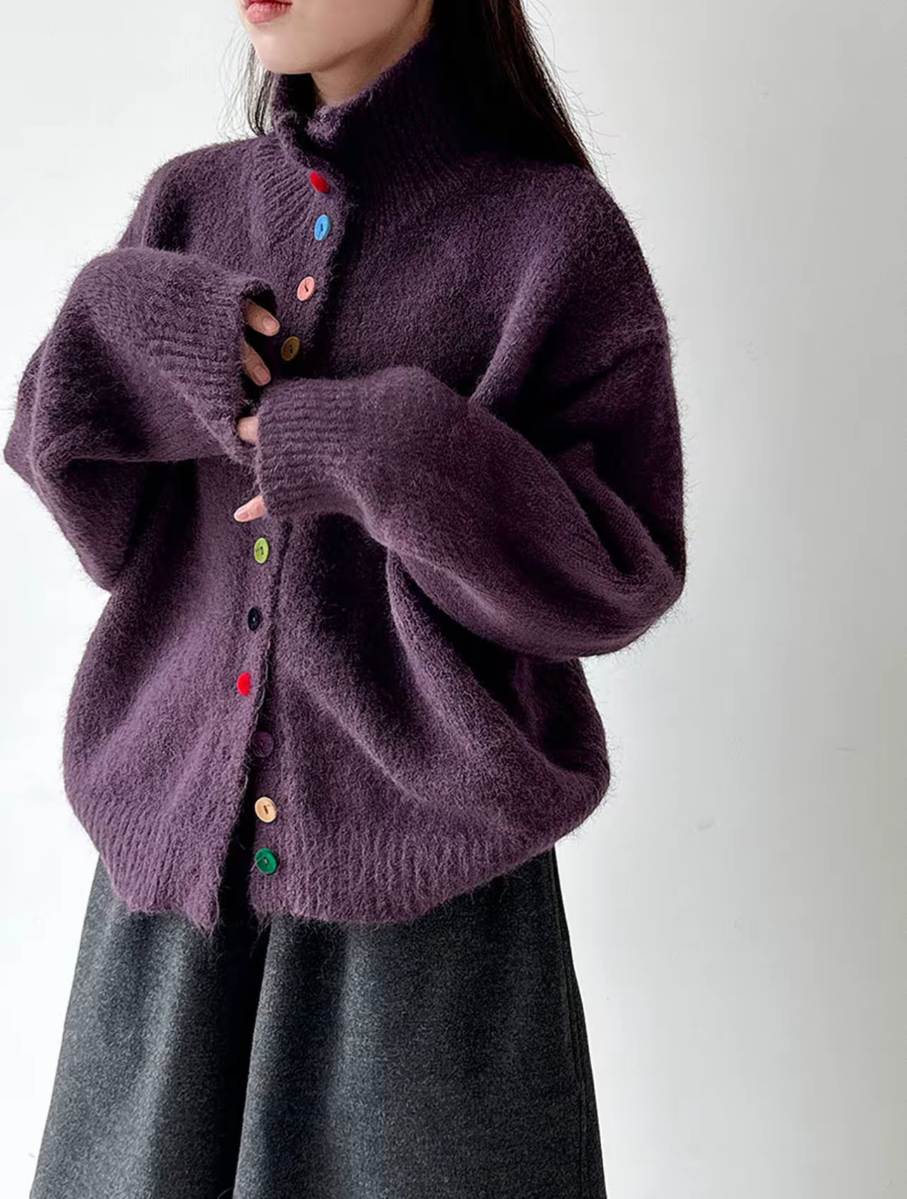 彩色纽扣羊毛立领长袖针织衫韩系设计感开衫