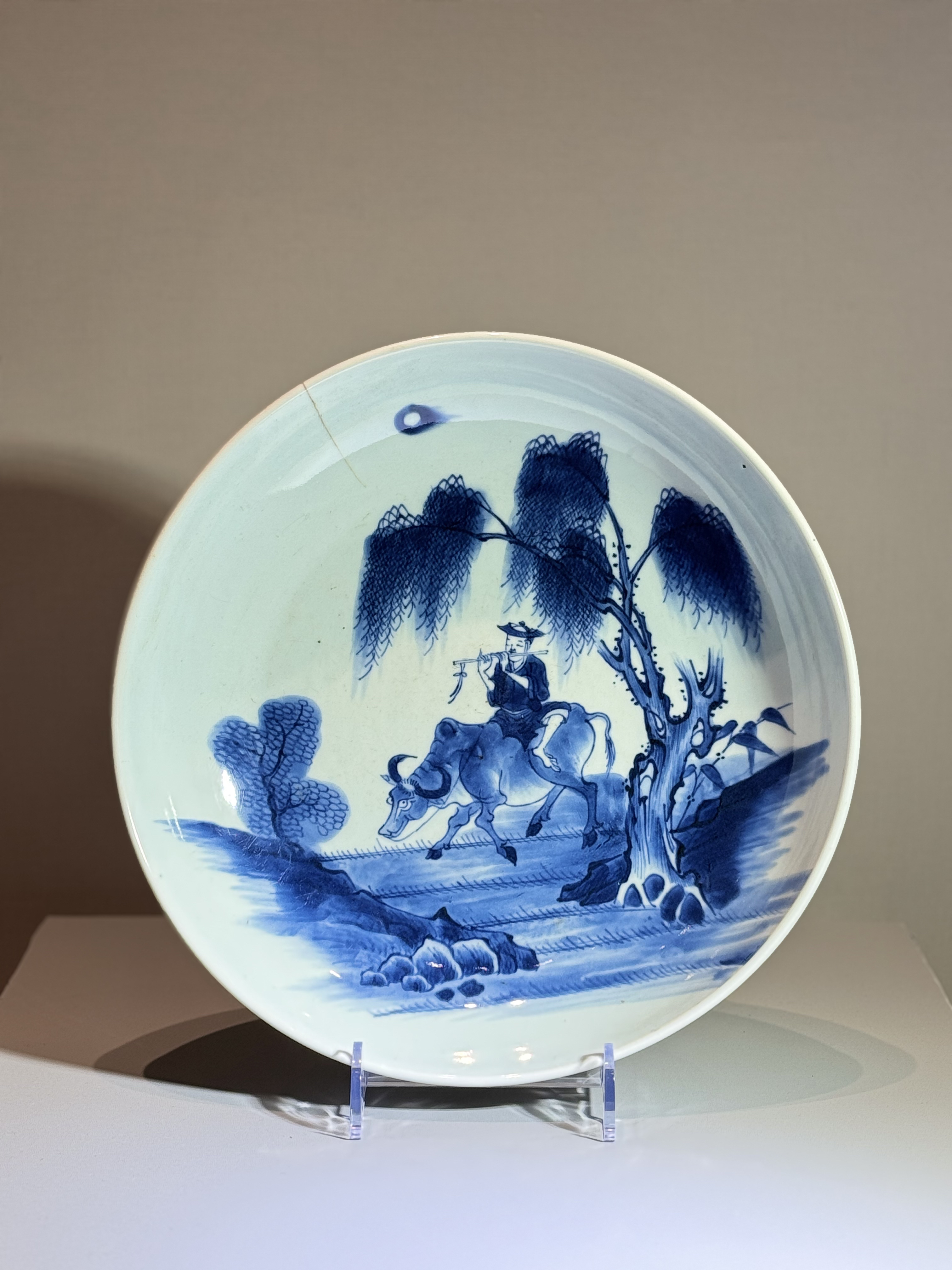 瓷青花牧童骑牛大盘子