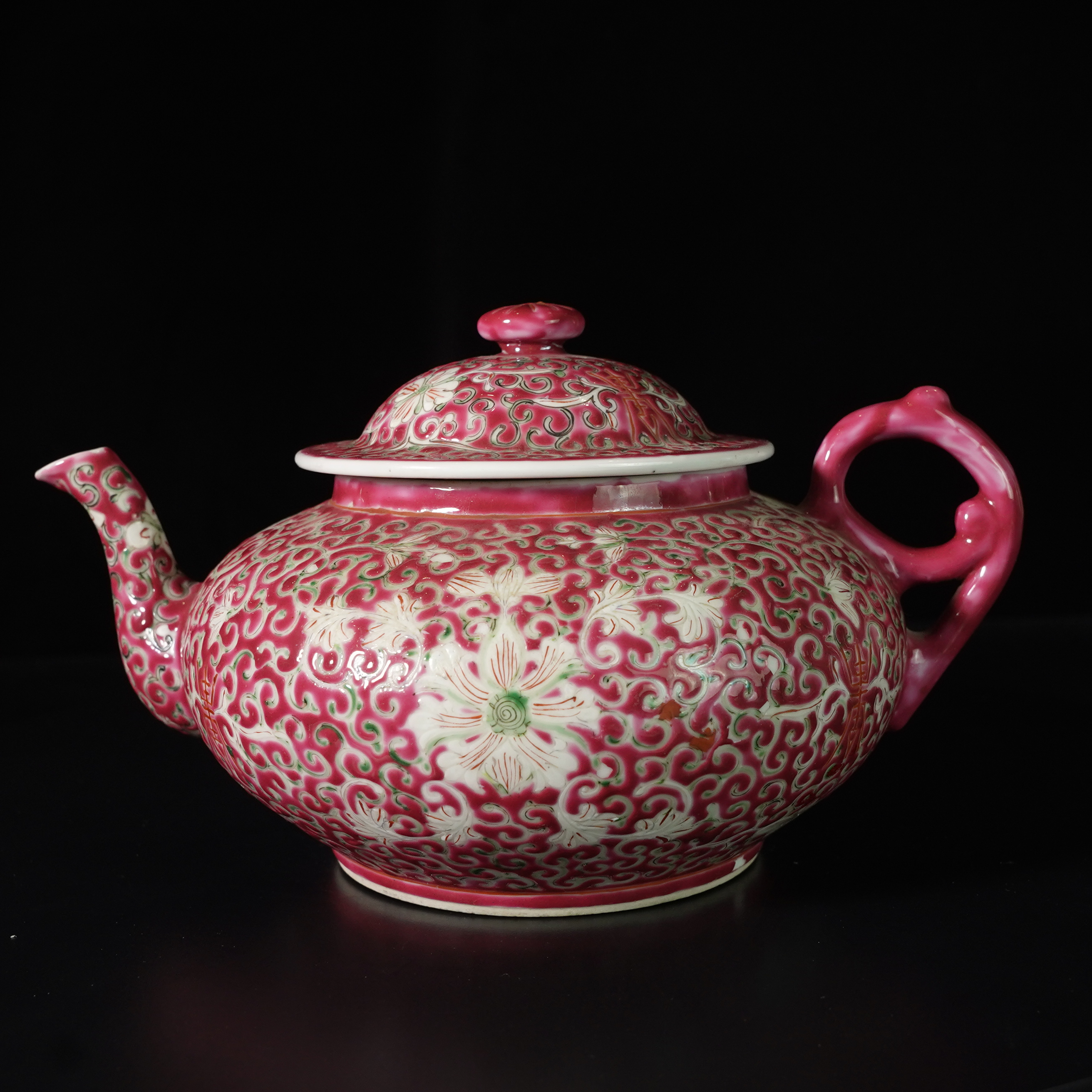 LABC250216035【十竹斋】民国粉彩轧道纹宝相花茶壶