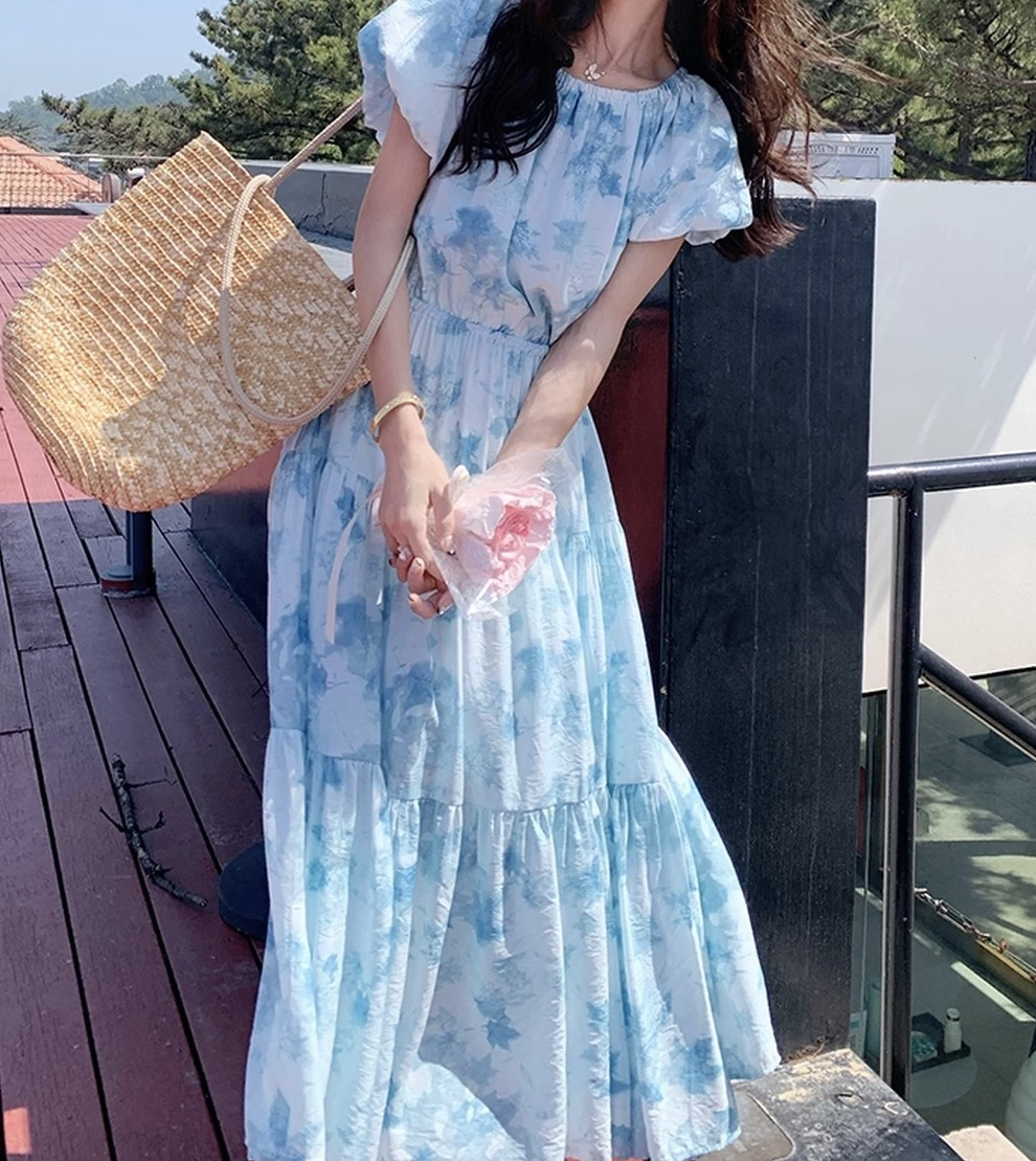 蓝色碎花一字肩收腰显瘦法式浪漫夏季连衣裙8123