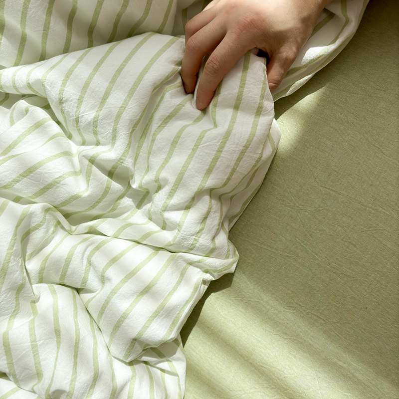 全棉水洗棉绿色条纹单人床单被套亲肤成人四季用床笠可配三四件套