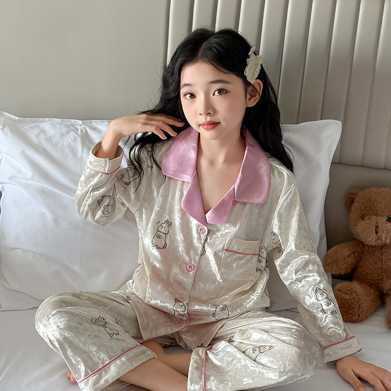 儿童秋款睡衣女童薄款套装中大童家居服春秋金丝绒两件套装空调服