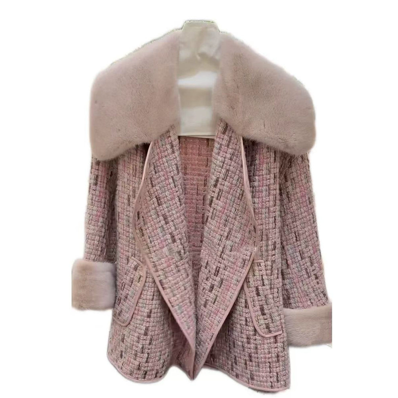 LIULIU（浪漫满屋）拼接法式精纺澳毛小香风粉色大衣