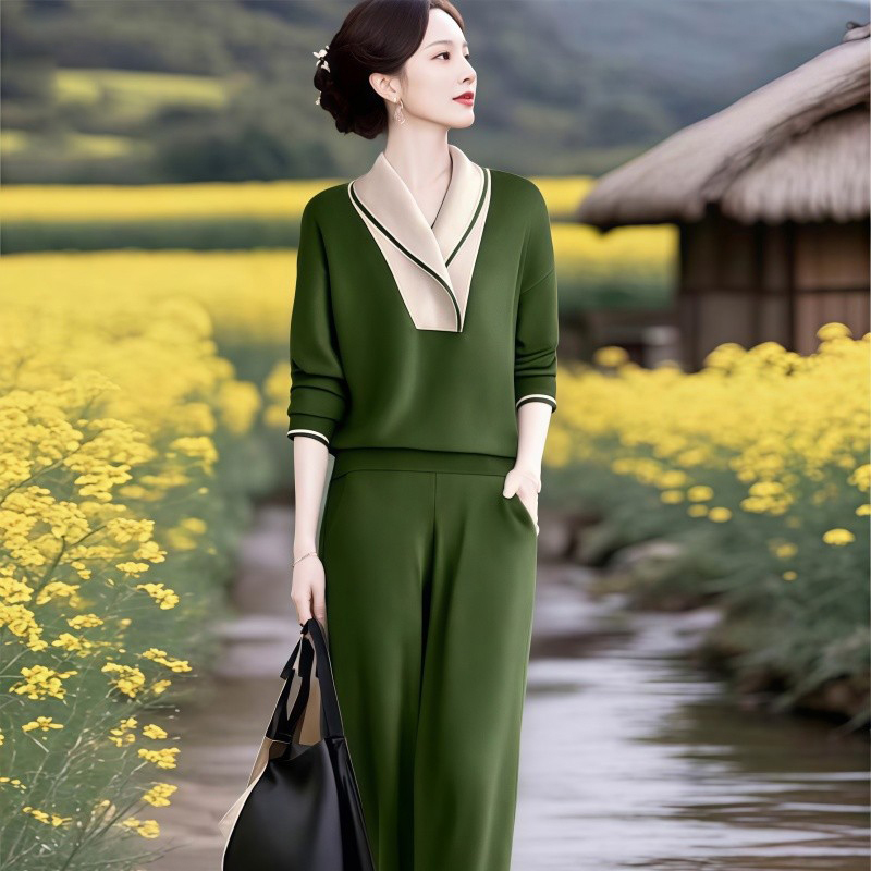 2025春秋新款高级感撞色拼接上衣女高腰洋气优雅直筒休闲裤两件套