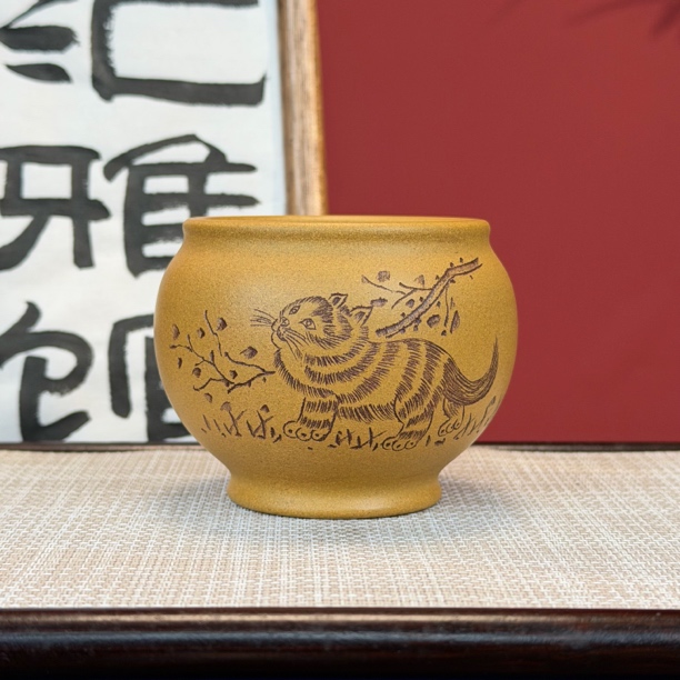 宜兴原矿紫砂黄金段主人杯刻绘猫咪可爱水缸杯品茗杯精致家用茶器