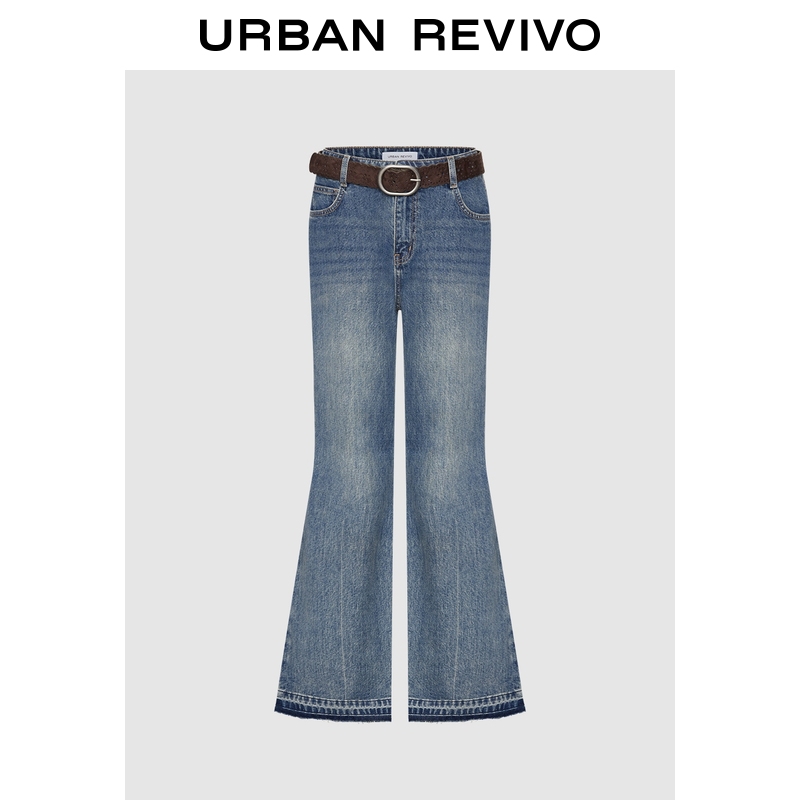 UR2026春季新款女装休闲水洗毛边腰带喇叭牛仔长裤UYL860004
