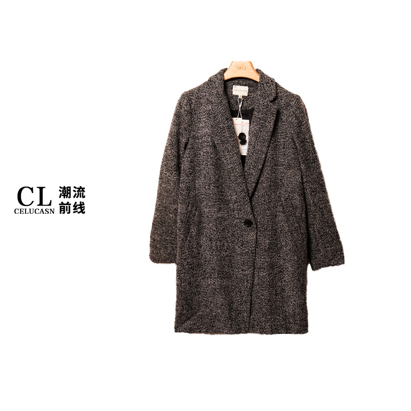 K5SBX050#秋冬款英伦风混色纹理感翻领中长款粗花呢女士大衣外套