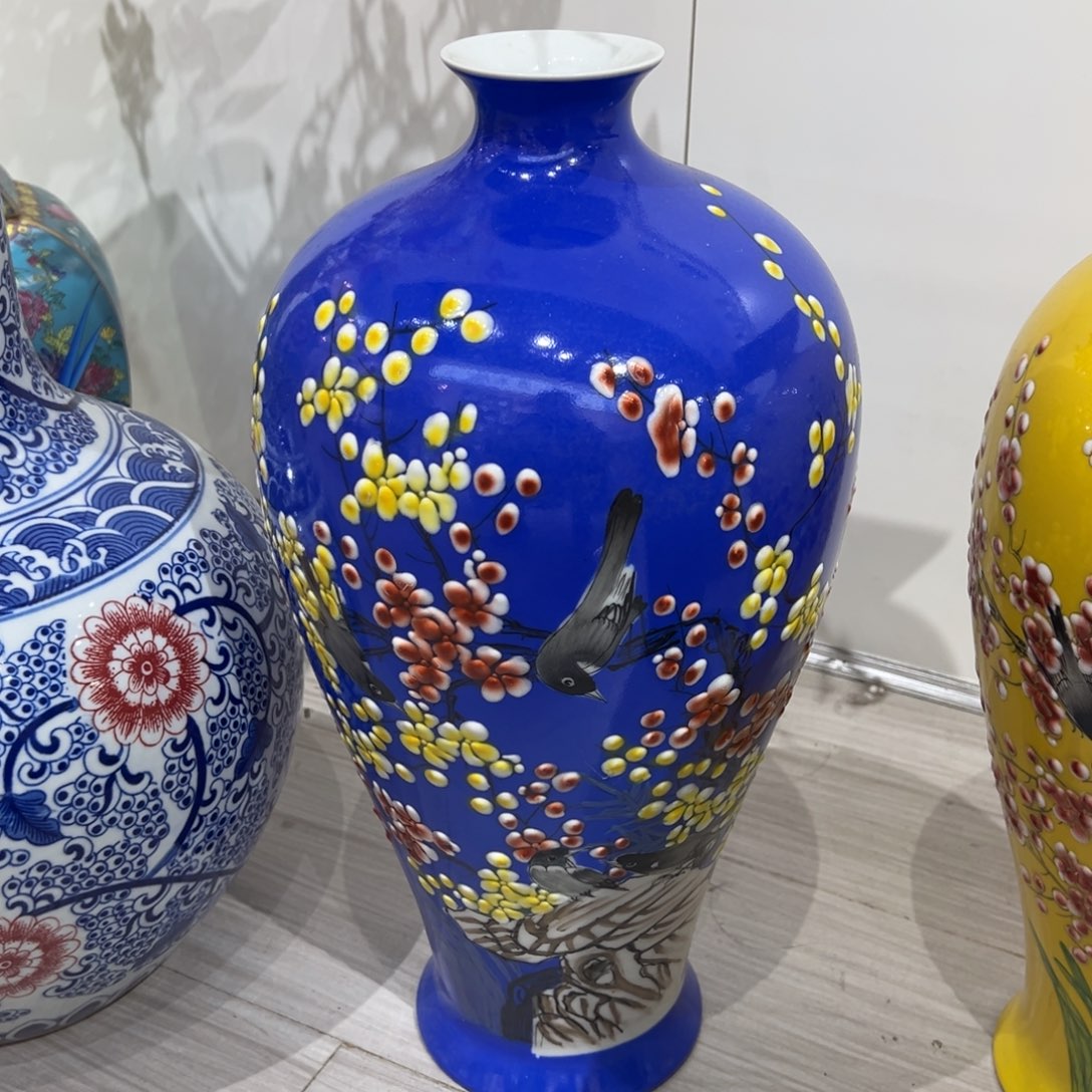 陶摆件44cm蓝色喜上眉梢梅瓶