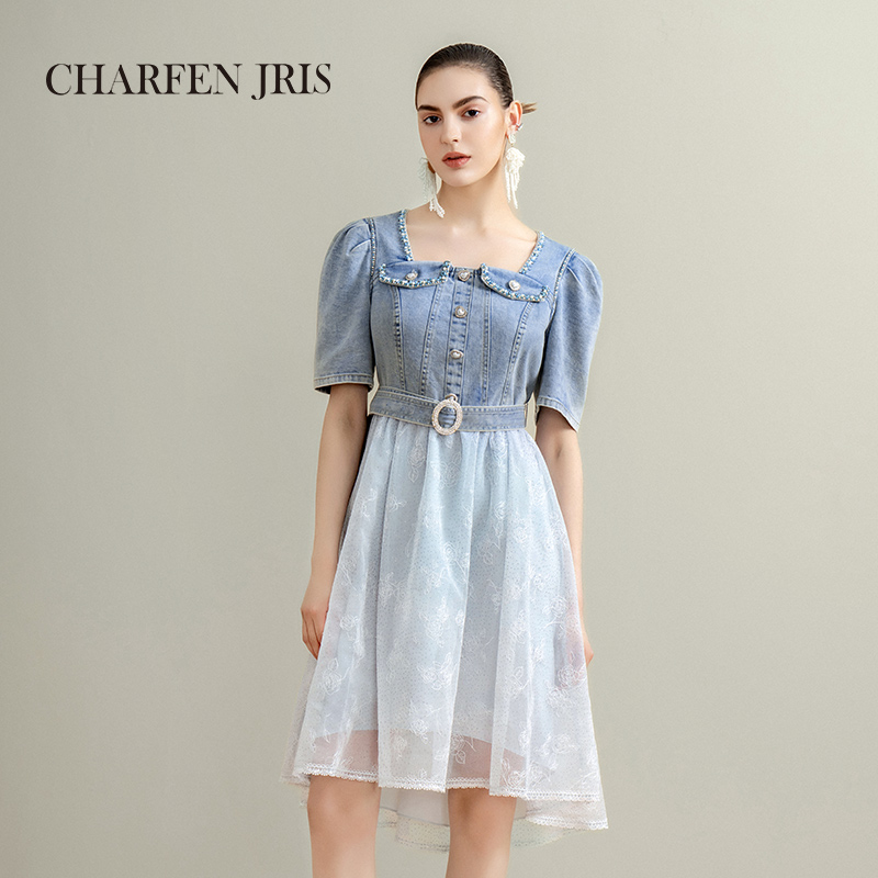 【达人】CHARFEN朝峰春夏季复古方领拼接牛仔连衣裙FJE2G650-6086G