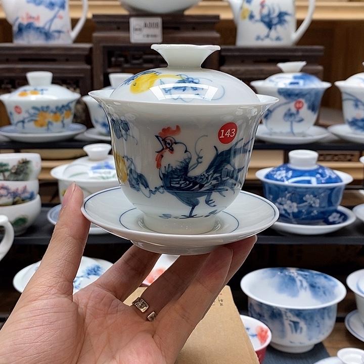 手绘公鸡盖碗160cc三才釉下彩微瑕福利款