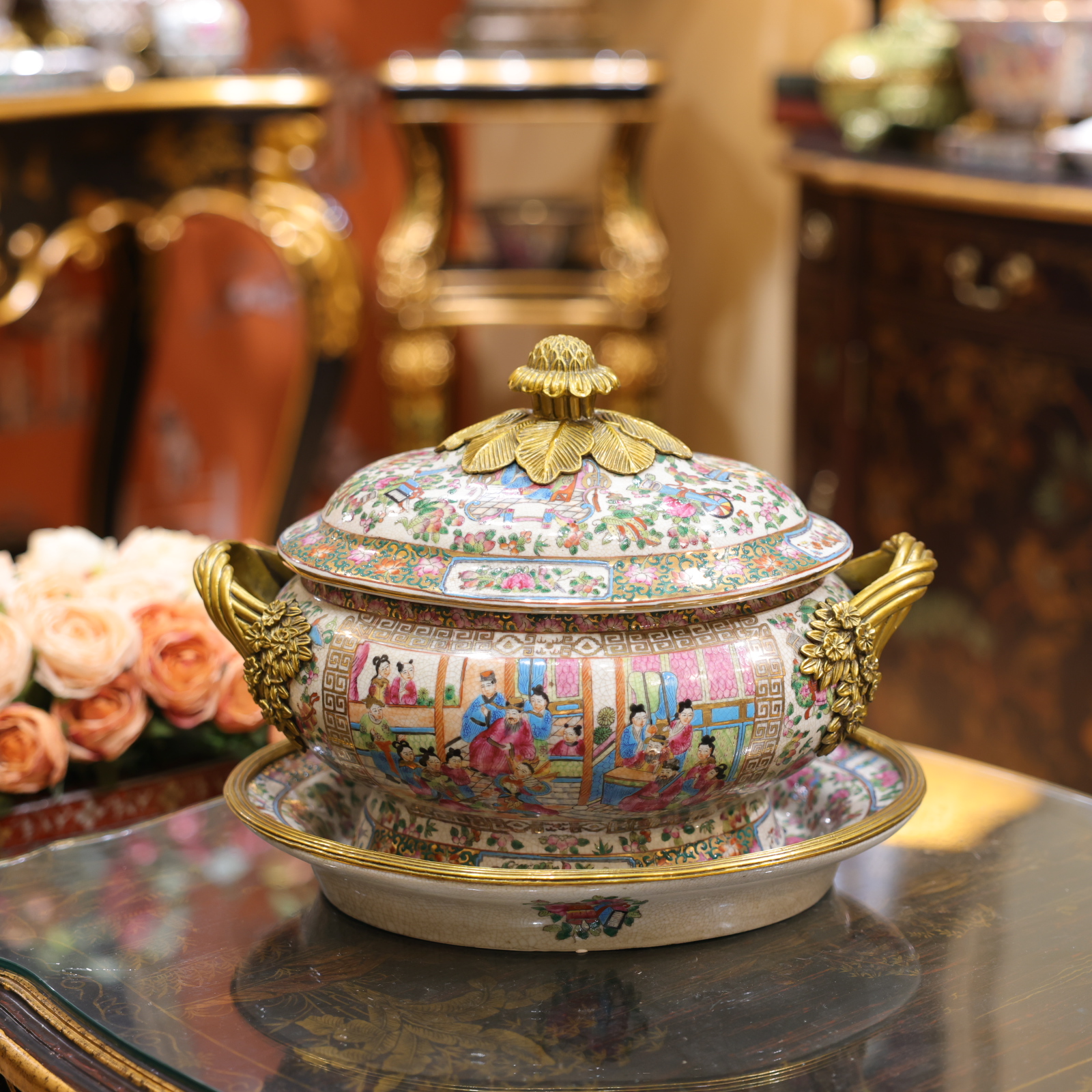 知潇家居/广彩铜配瓷收纳罐/双耳硕果累累/复古家居祥瑞美物