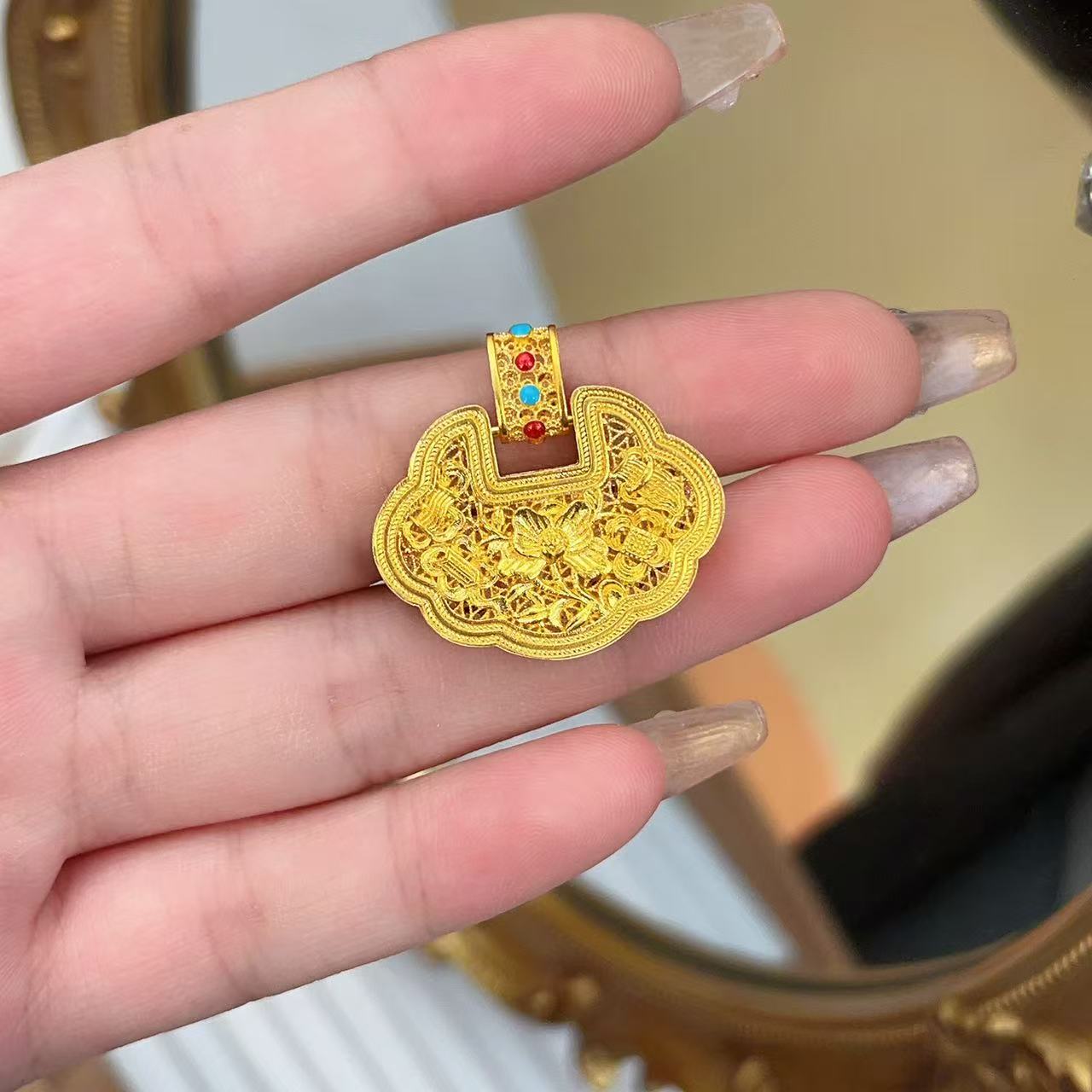 足金999 花开富贵花丝锁吊坠 黄金吊坠 单吊坠 金重14.11克