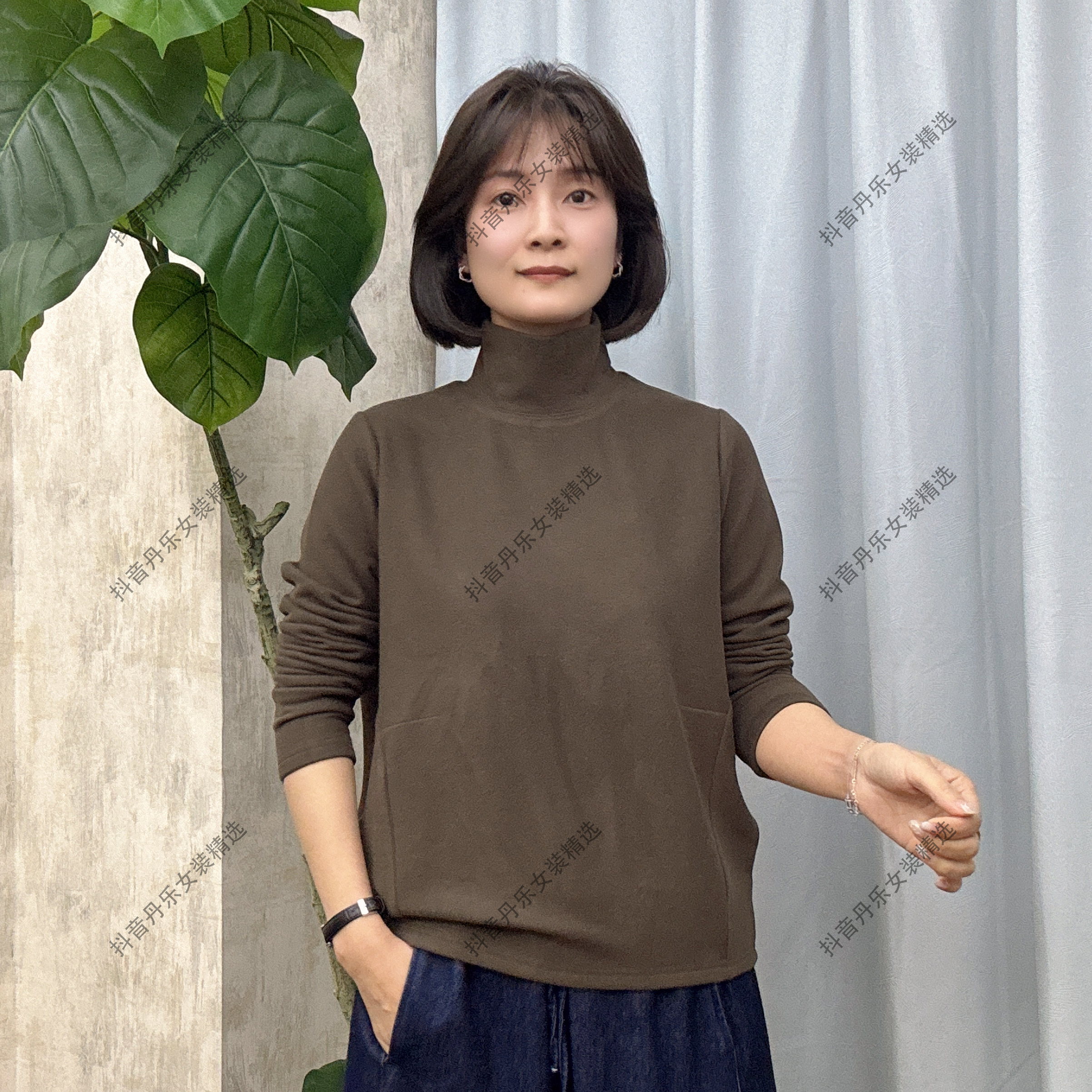 8897冬季长袖保暖加绒双面绒半高领纯色休闲百搭T恤