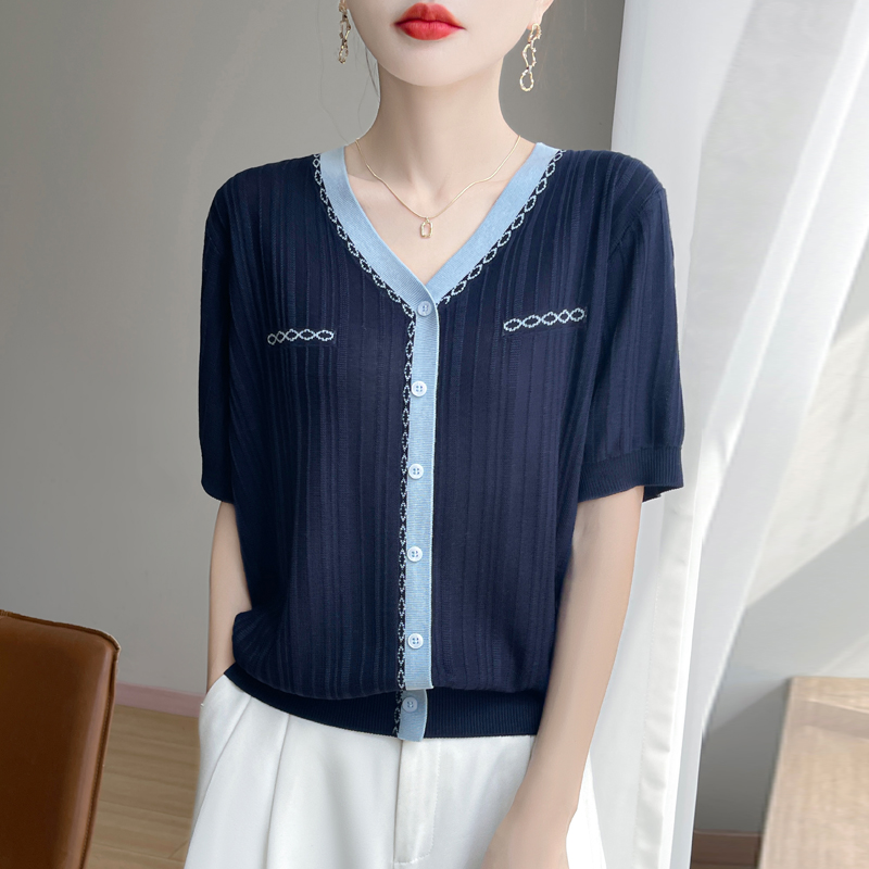 夏季马车针织衫洋气V领打底薄款短袖上衣毛针织衫凉爽透气