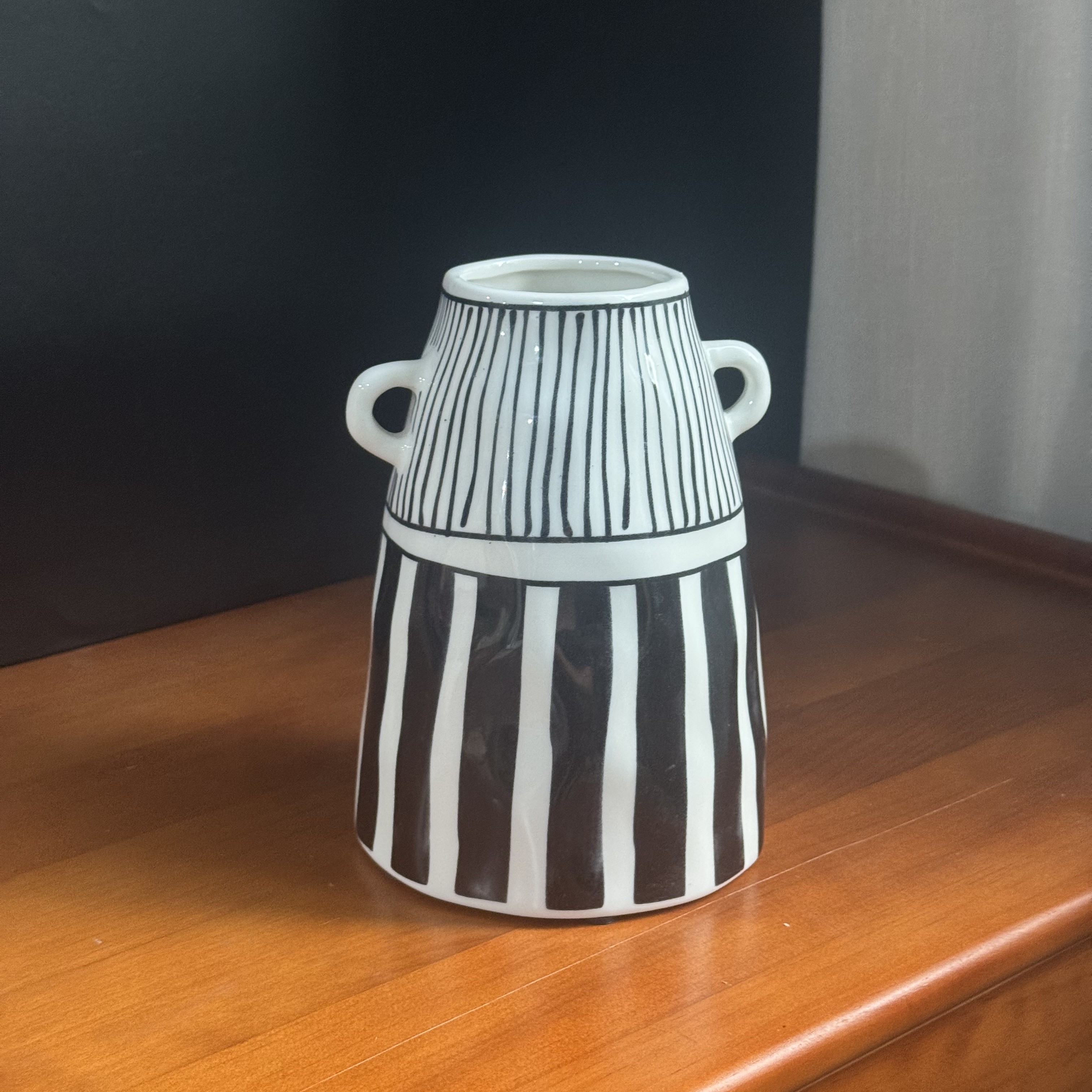 抽象条纹黑白艺术花瓶摆件高级感客厅插花双耳陶瓷花器玄关装饰