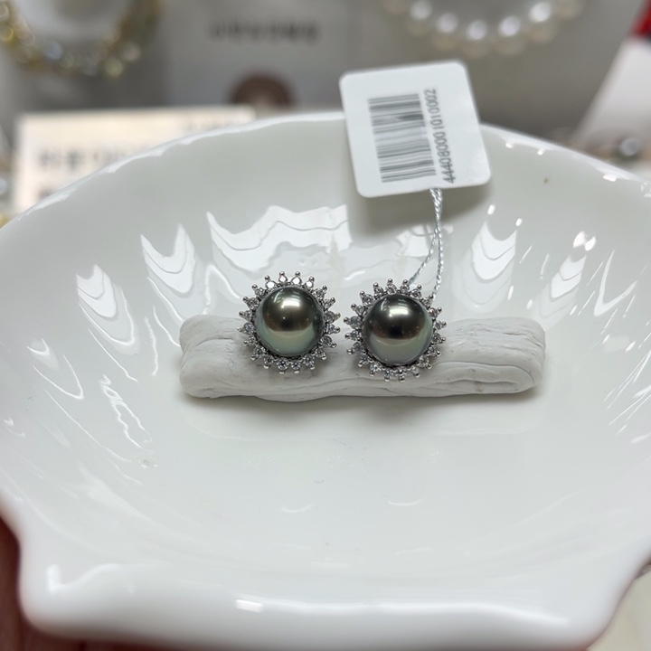 海水珍珠漏大溪地太阳花耳钉8-9mm银S925镶嵌