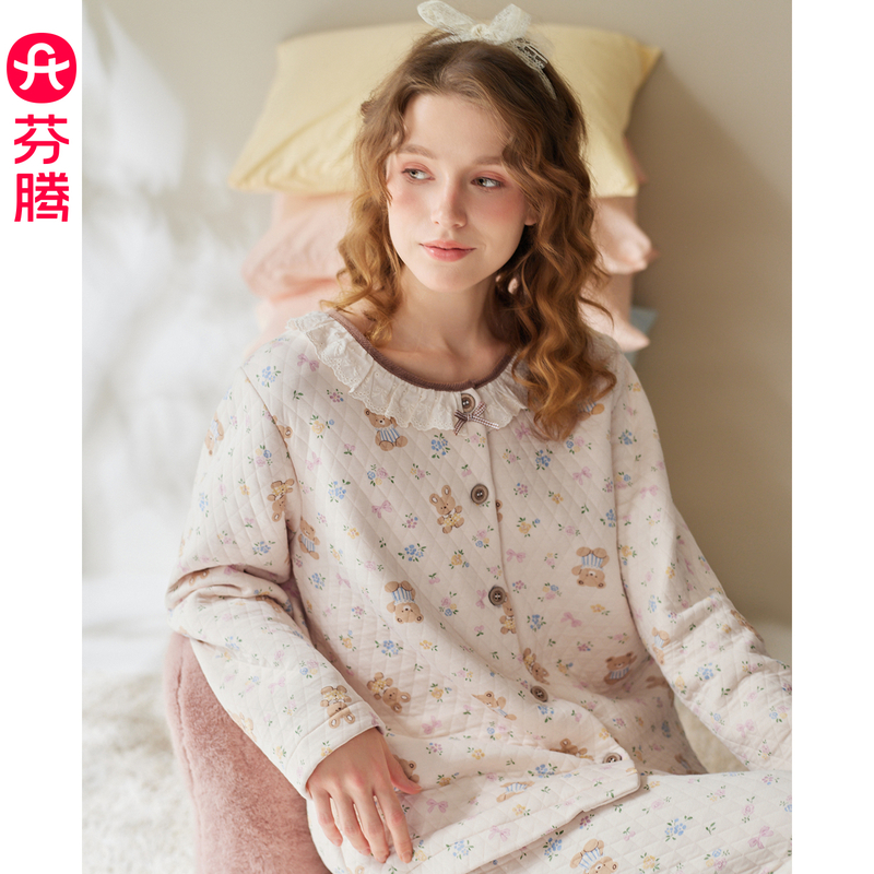 芬腾睡衣女款2025新款秋冬季空气层夹棉长袖纯棉套装加大码家居服