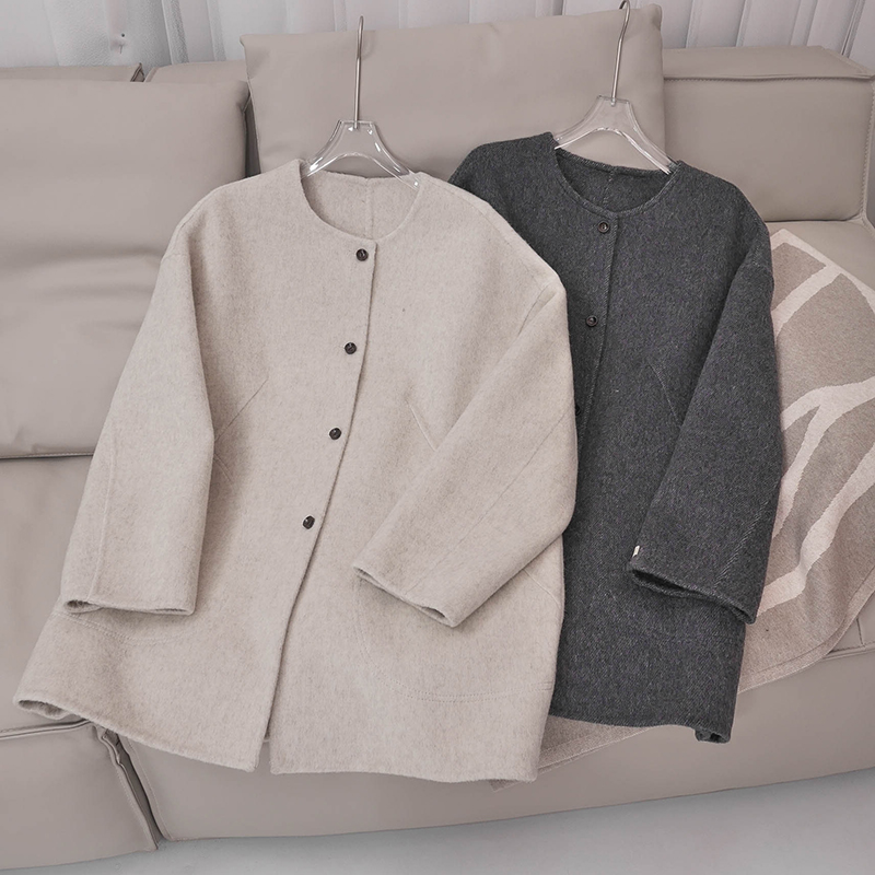 【朵儿studio】茧型韩系圆领中长款羊毛双面呢大衣 A387