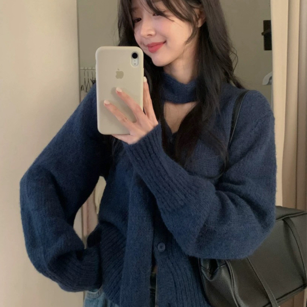 韩国chic冬季新款小众法式复古长袖纯欲V领长袖毛衣外套挂脖围巾