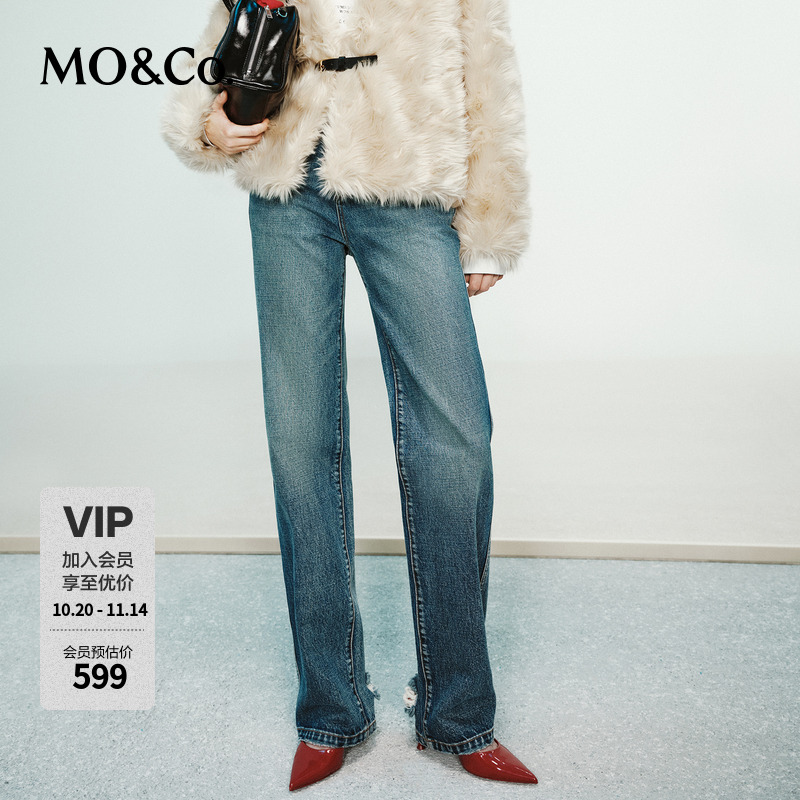 MOCO牛仔裤RECTO设计师联名冬高腰直筒破洞MBD4JEN025