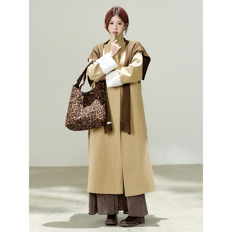 【长岛听风】甜辣多多早秋翻领袖口拼接花边前中暗门襟扣长款风衣