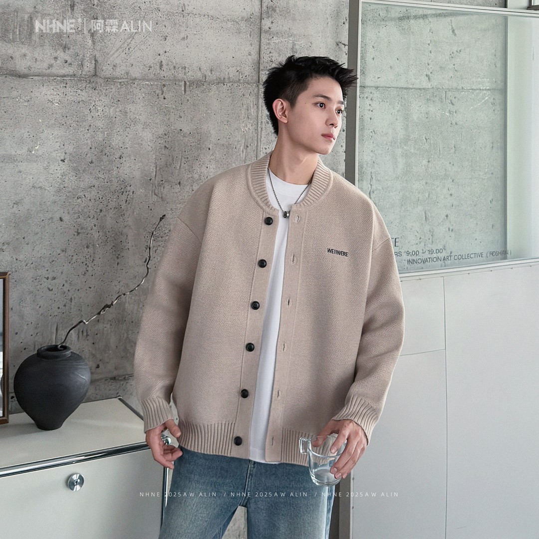 韩版刺绣字母棒球领针织开衫秋冬宽松潮流百搭毛衣外套