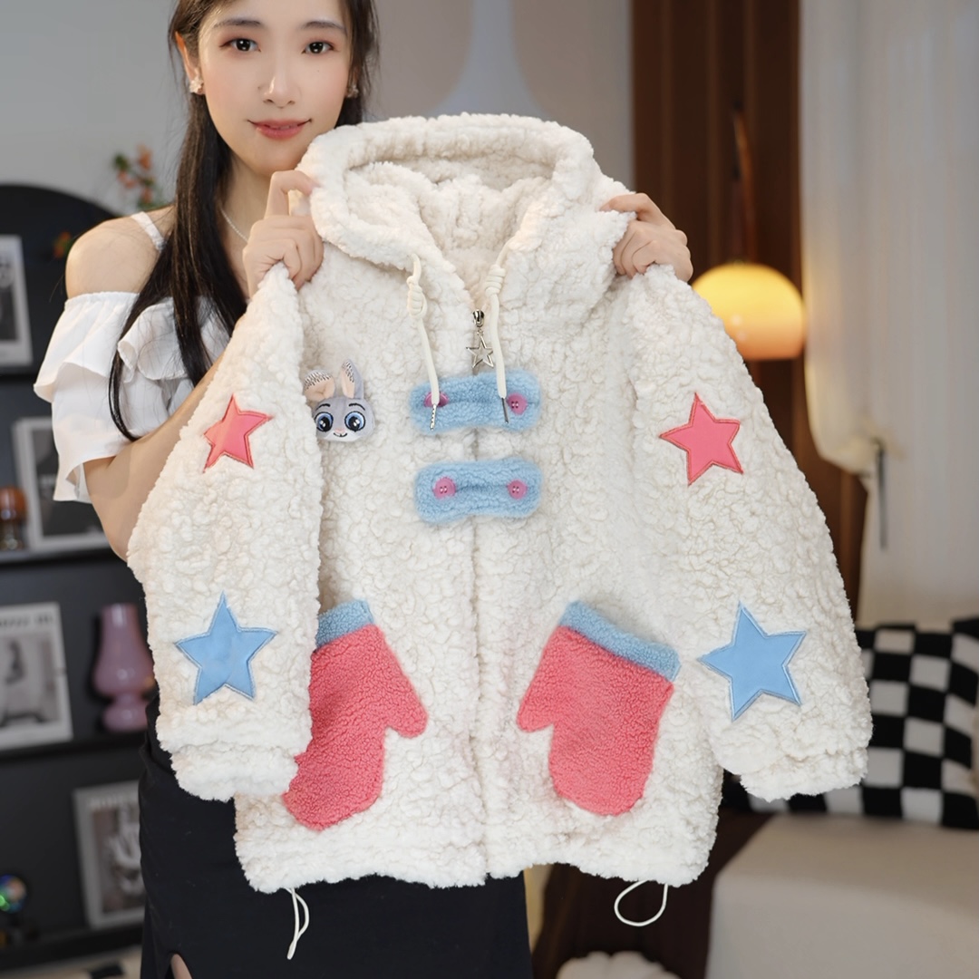 女童秋冬季新款可爱连帽加绒上衣夹棉加厚外套毛毛衣MZE079