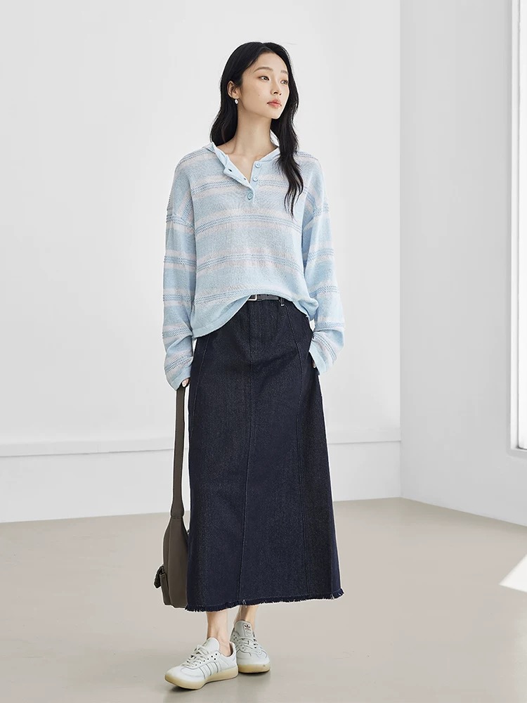 春夏宽松型常规条纹休闲毛针织衫显瘦通勤连帽秋季