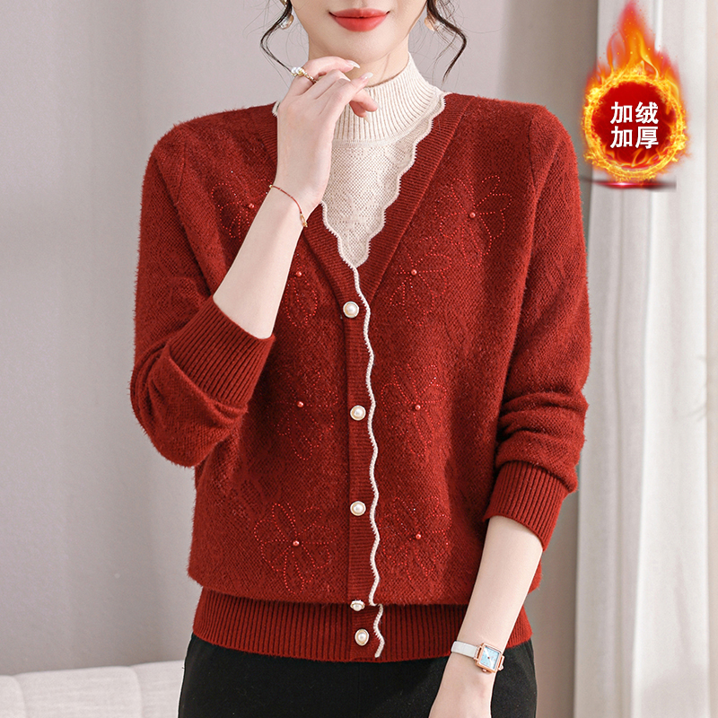 妈妈装冬装毛衣洋气假两件加绒上衣中老年女秋冬一体绒加厚打底衫