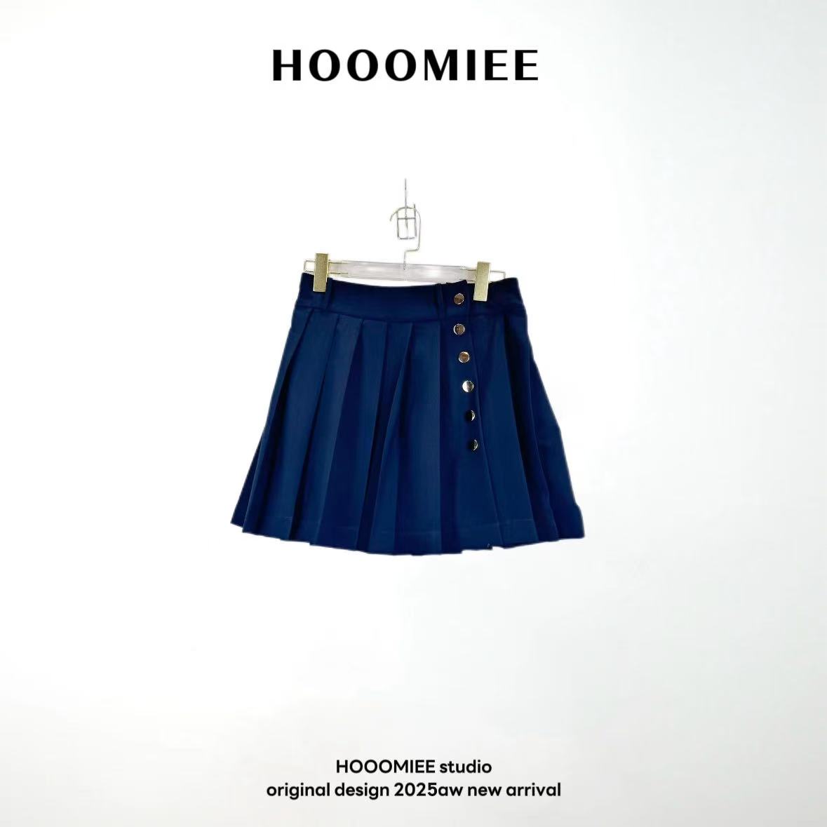 Hooomiee高腰拼接百褶法式通勤半身裙A字气质半裙SY242541