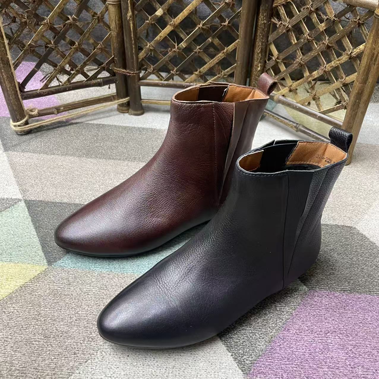 3718-22秋冬季牛皮平底尖头加绒舒适百搭简约时尚短短瘦瘦靴