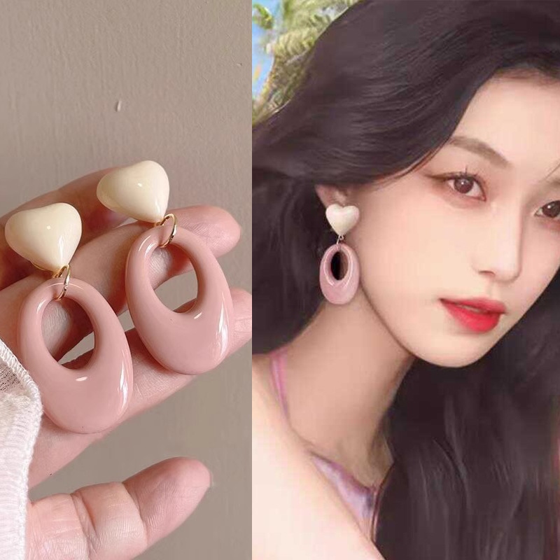 粉色撞色亚克力椭圆几何耳夹简约百搭耳钉个性复古感耳饰环形