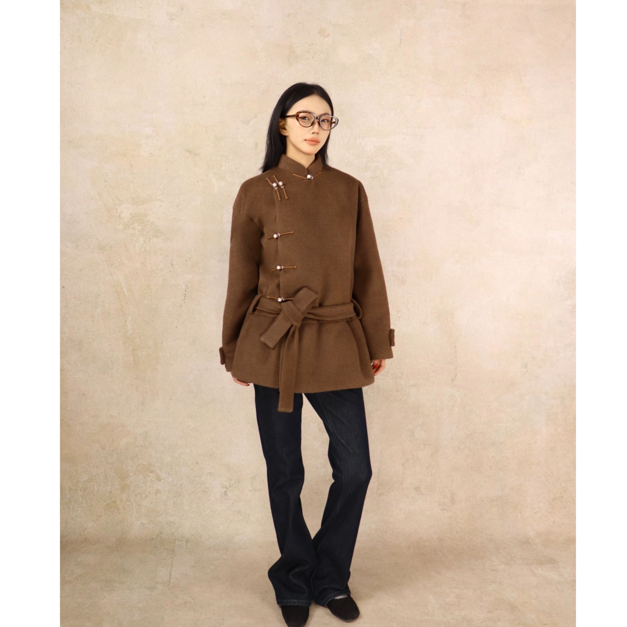 【蒙之艺】韩版气质棕色呢子夹棉蒙古族元素中长款大衣