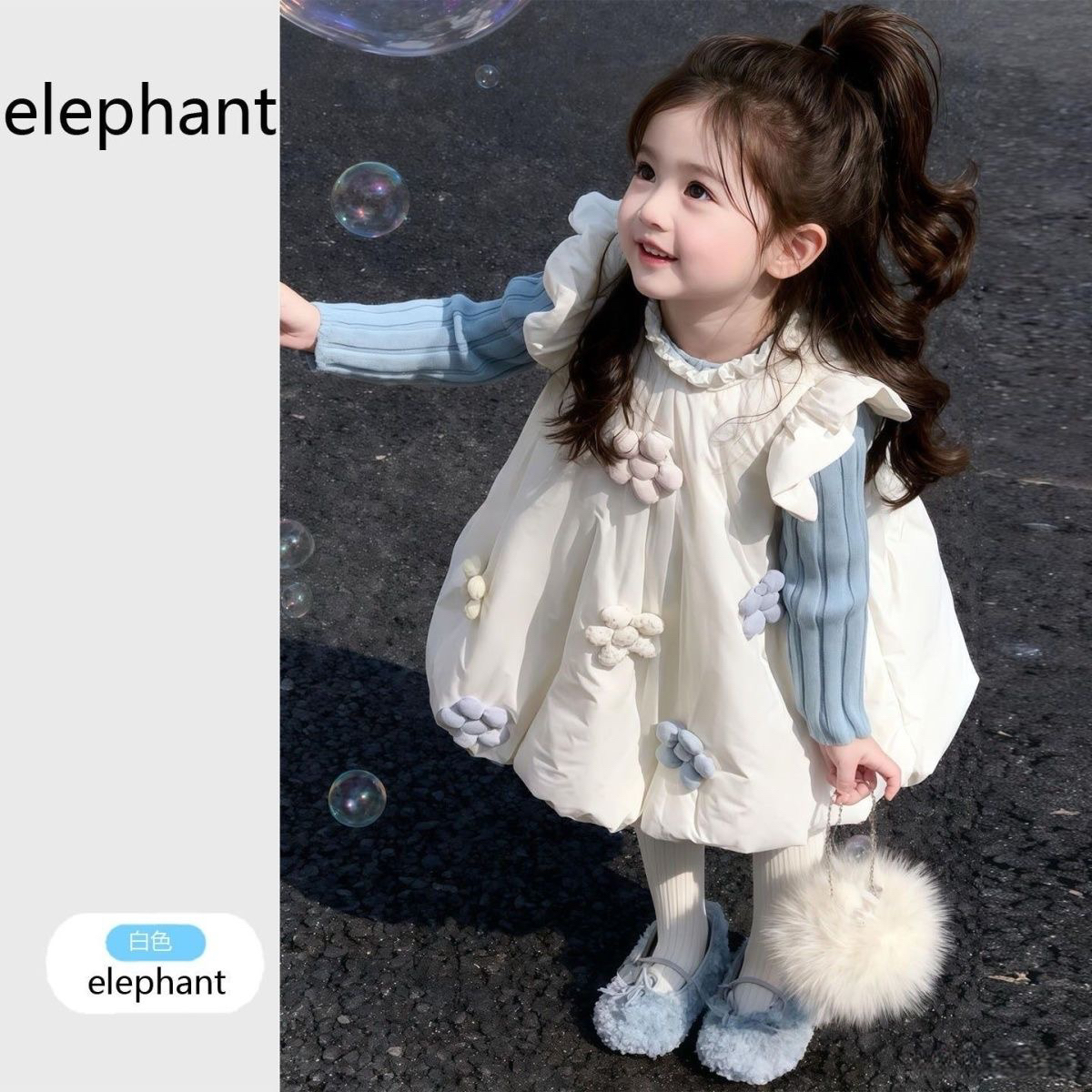 韩版女童冬季新款白色立体花朵夹棉背心裙女孩甜美花苞公主裙套装