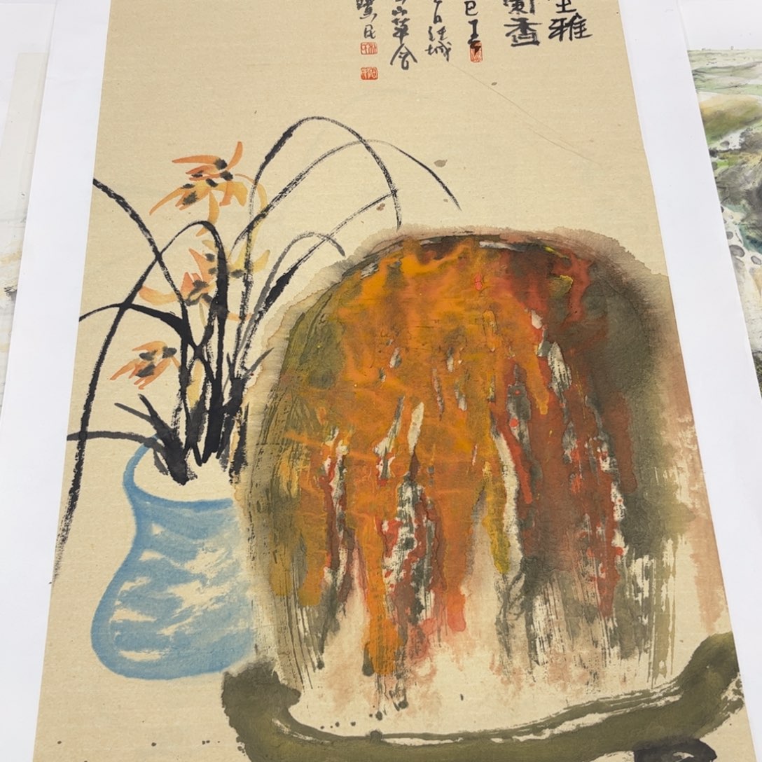 国画四尺三开花鸟