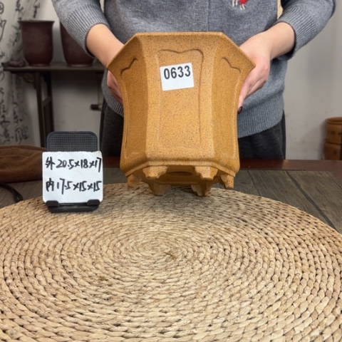 紫砂花盆柴烧束腰奎面六方0633