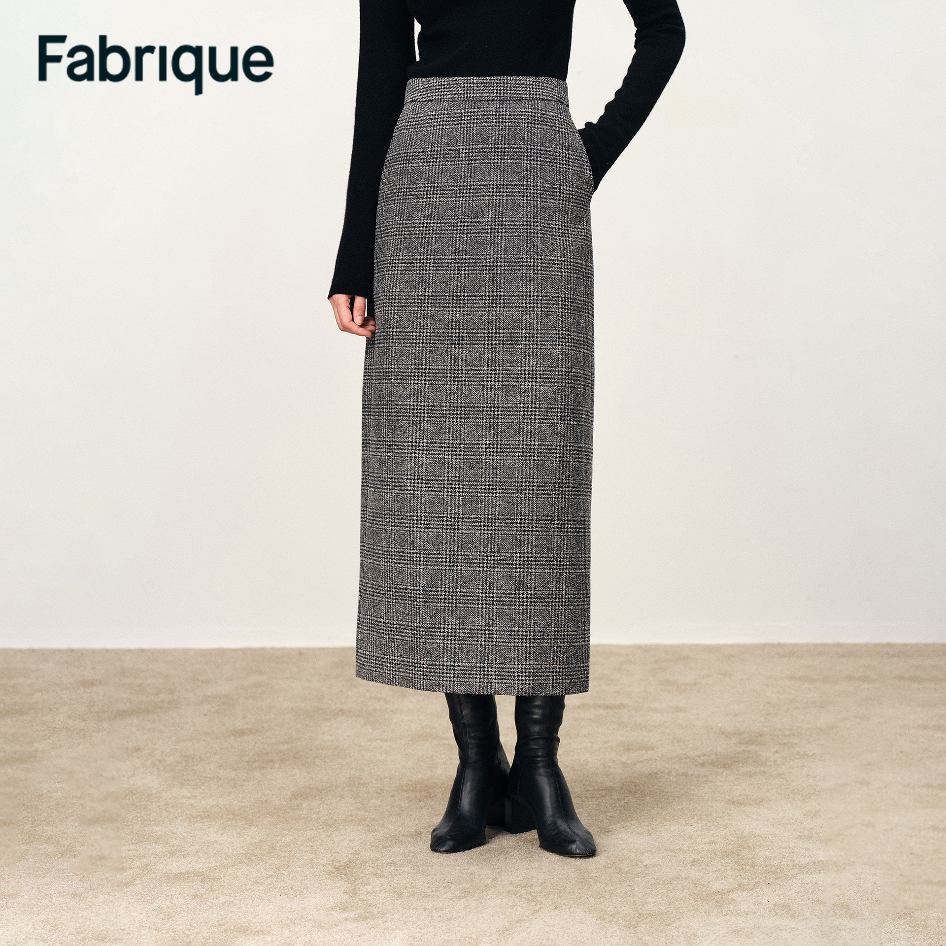 Fabrique Lola 秋冬新品威尔士格纹绵羊毛桑蚕丝法式复古直筒半裙